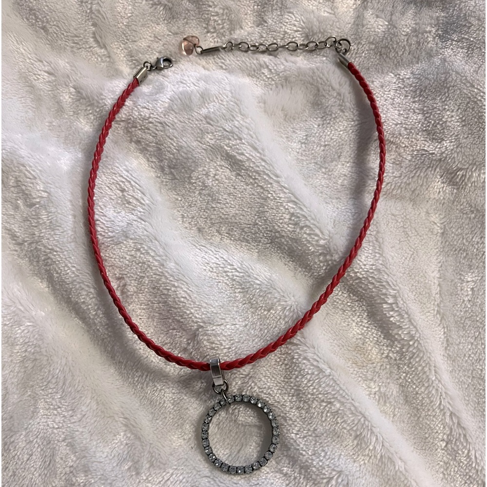 COPY - Sabika red leather necklace with circle diamond pendant